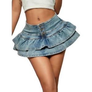 imageVerdusa Womens Y2K Shorts Button Front Layered Ruffled Denim Mini SkortLight Wash