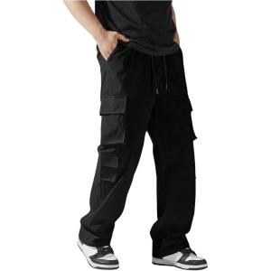 imageVerdusa Mens Drawstring Waist Straight Leg Cargo Pants Street TrousersBlack