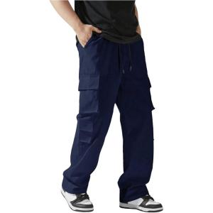 imageVerdusa Mens Drawstring Waist Straight Leg Cargo Pants Street TrousersBlue