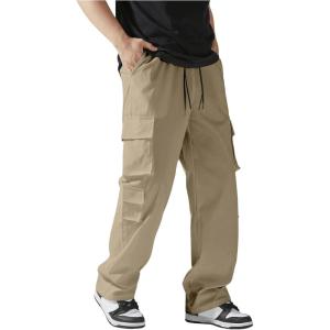 imageVerdusa Mens Drawstring Waist Straight Leg Cargo Pants Street TrousersDark Khaki