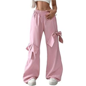 imageVerdusa Womens Bow Baggy Wide Leg Pants Casual Elastic Waist Palazzo PantsPink
