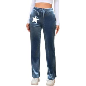 imageVerdusa Womens Drawstring Waist Flare Leg Velvet Pants with PocketBlue