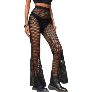 imageVerdusa Womens See Through Fishnet High Waisted Flare Leg Pants Long TrousersBlack