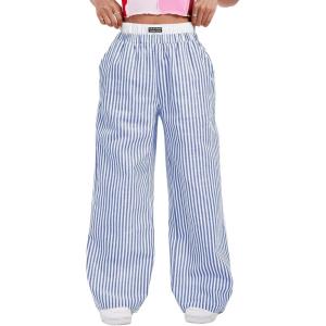 imageVerdusa Womens Striped Elastic High Waist Loose Wide Leg Pants with PocketsBlue