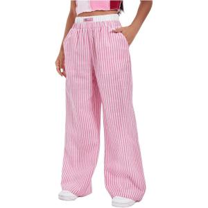 imageVerdusa Womens Striped Elastic High Waist Loose Wide Leg Pants with PocketsPink