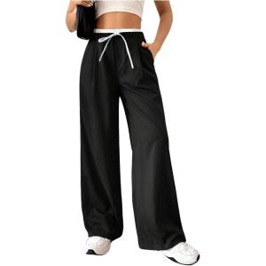 imageVerdusa Womens Wide Leg Pants Drawstring Waist Business Work Trousers Suit PantBlack